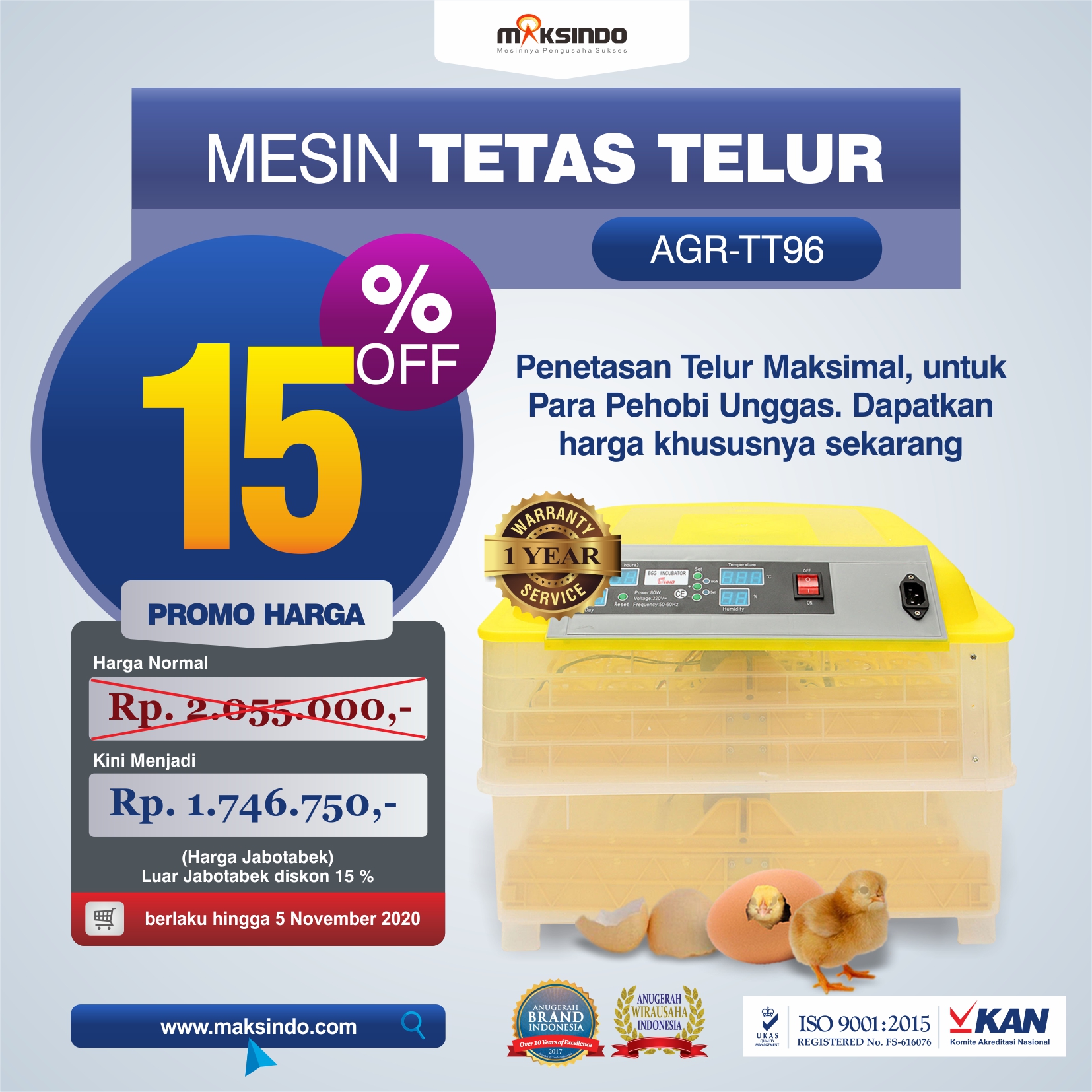 Jual Mesin Penetas Telur 96 Butir Otomatis – AGR-TT96 di Blitar