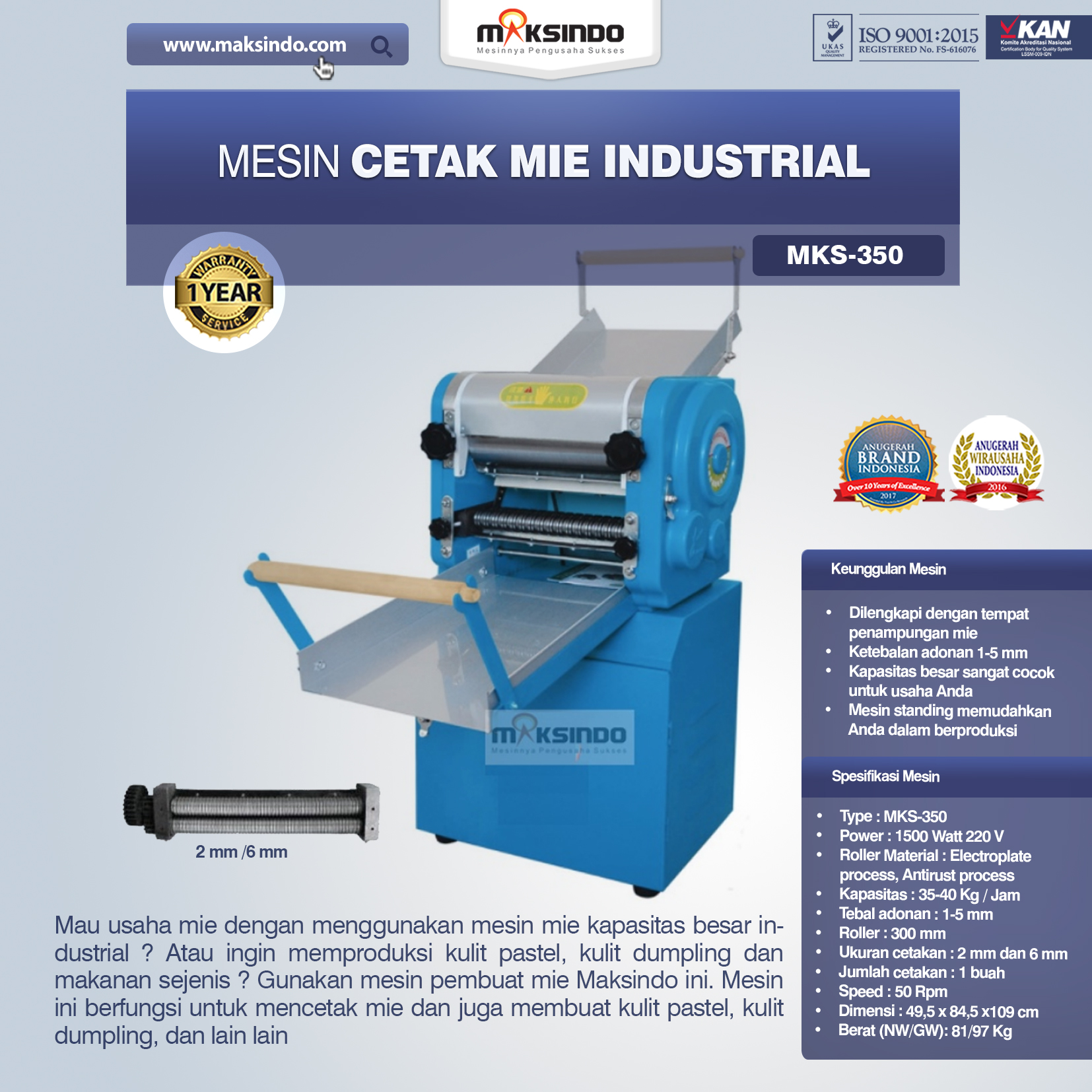 Jual Mesin Cetak Mie Industrial (MKS-350) di Blitar