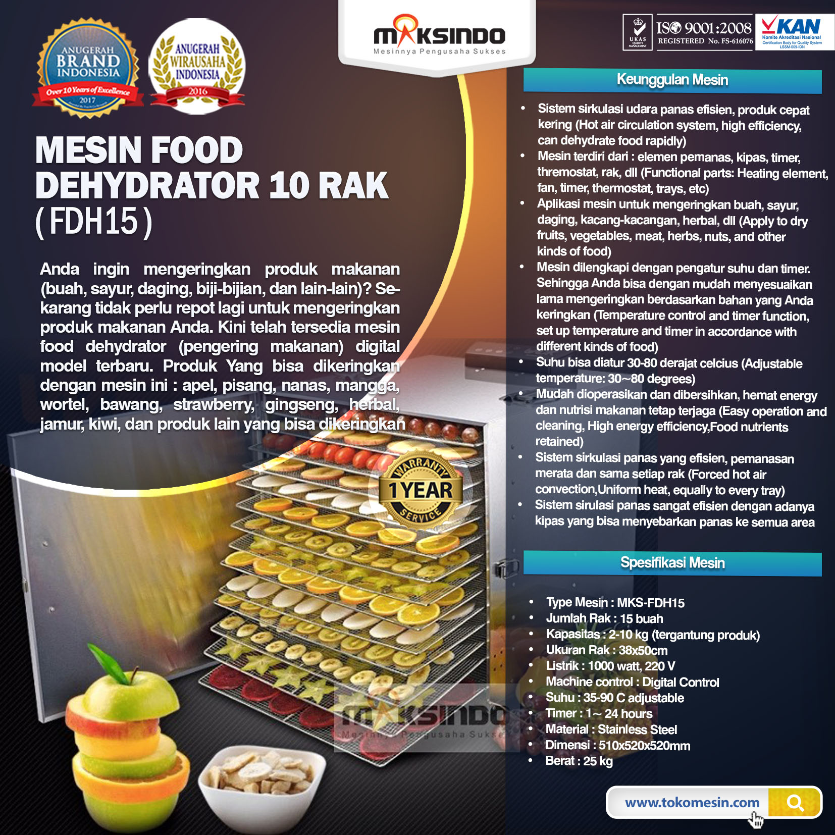 Jual Mesin Food Dehydrator 15 Rak (FDH15) di Blitar
