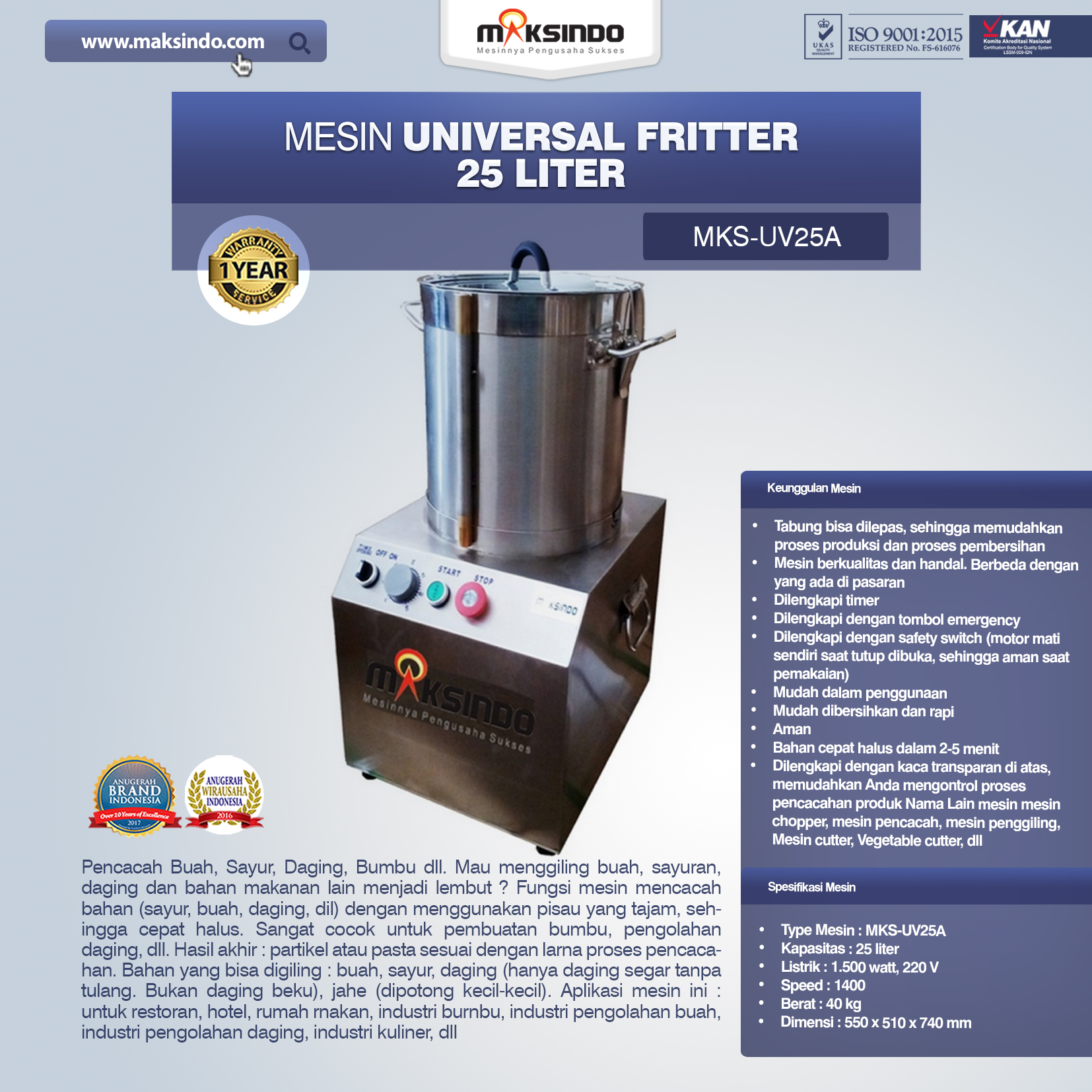 Jual Universal Fritter 25 Liter (MKS-UV25A) di Blitar