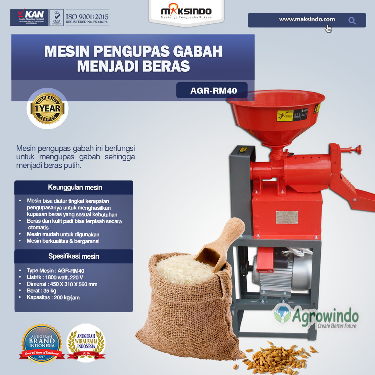 Jual Mesin Rice Huller Mini Pengupas Gabah – Beras AGR-RM40 di Blitar