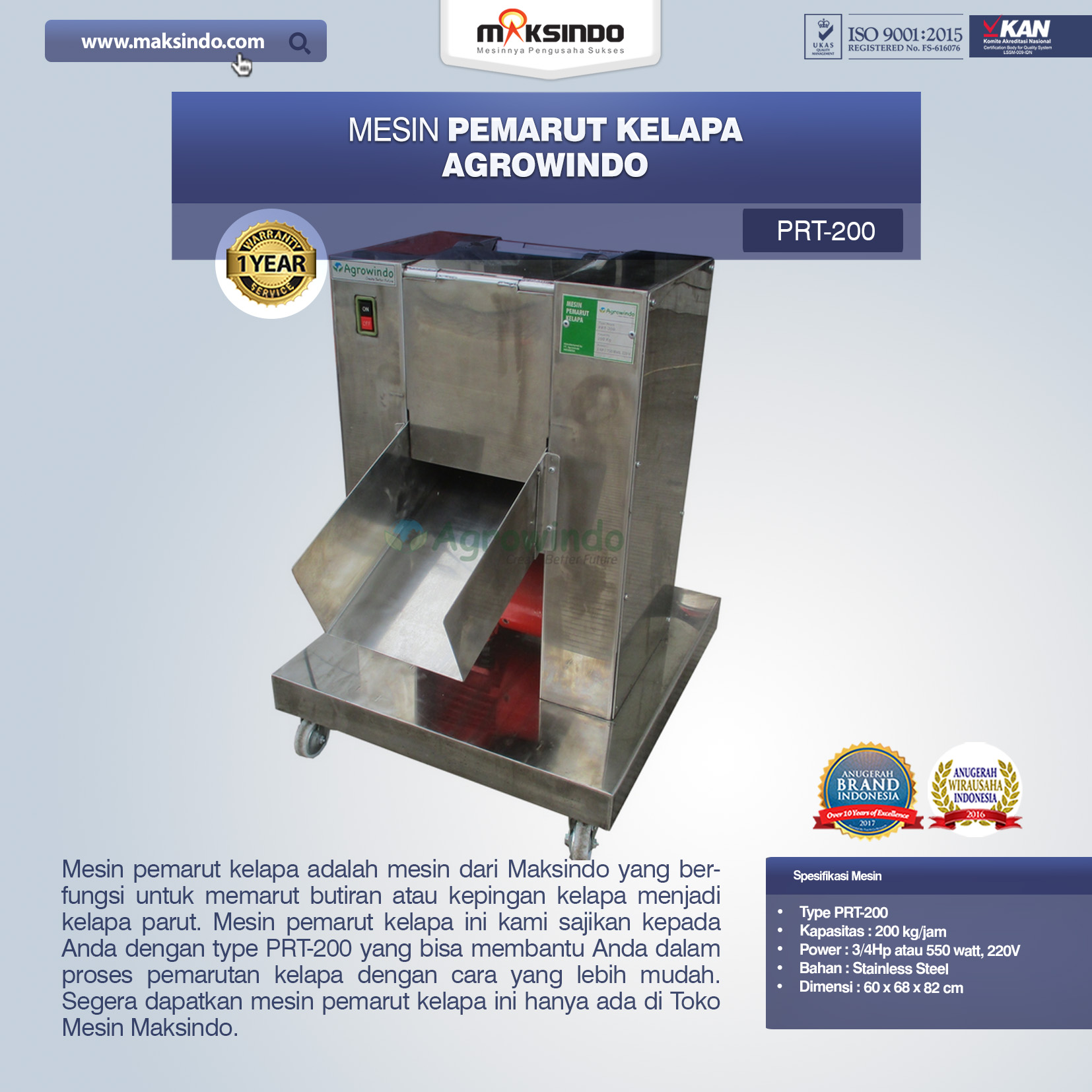 Jual Mesin Pemarut Kelapa PRT-200 di Blitar