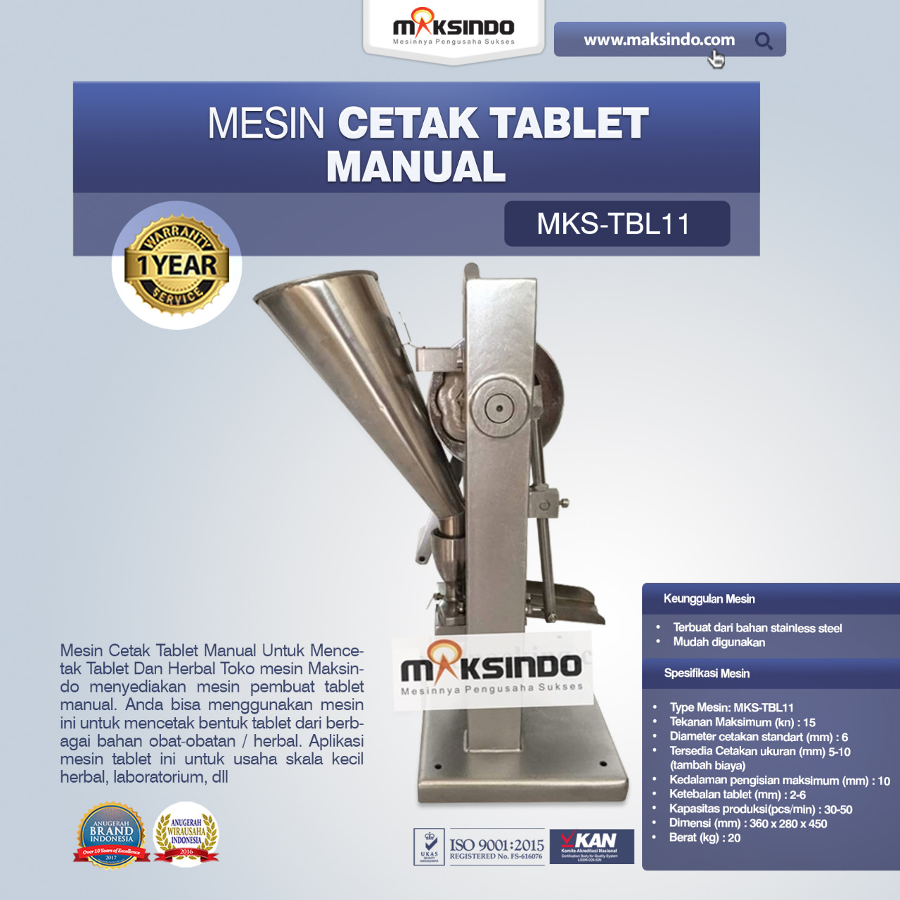 Jual Mesin Cetak Tablet Manual – MKS-TBL11 di Blitar