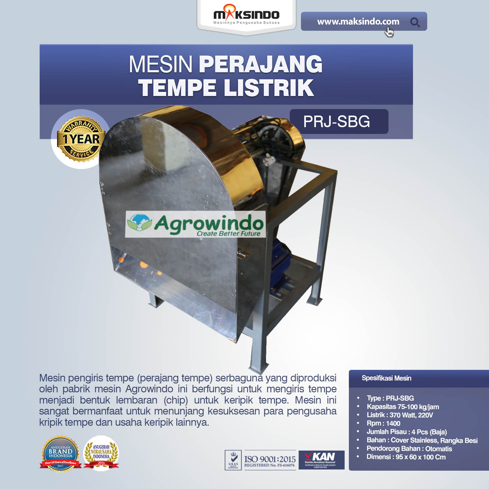 Jual Mesin Perajang Tempe Listrik PRJ-SBG di Blitar