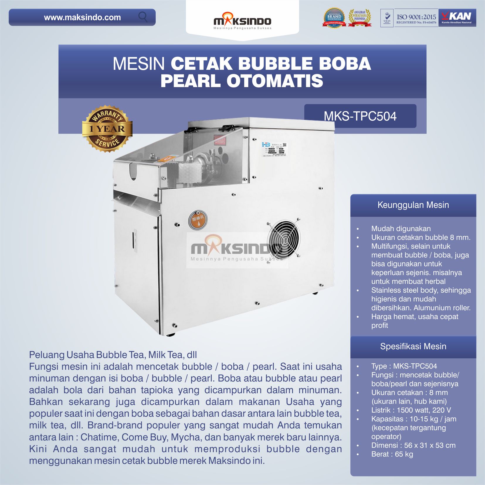 Jual Mesin Cetak Bubble Boba Pearl Otomatis MKS-TPC504 di Blitar