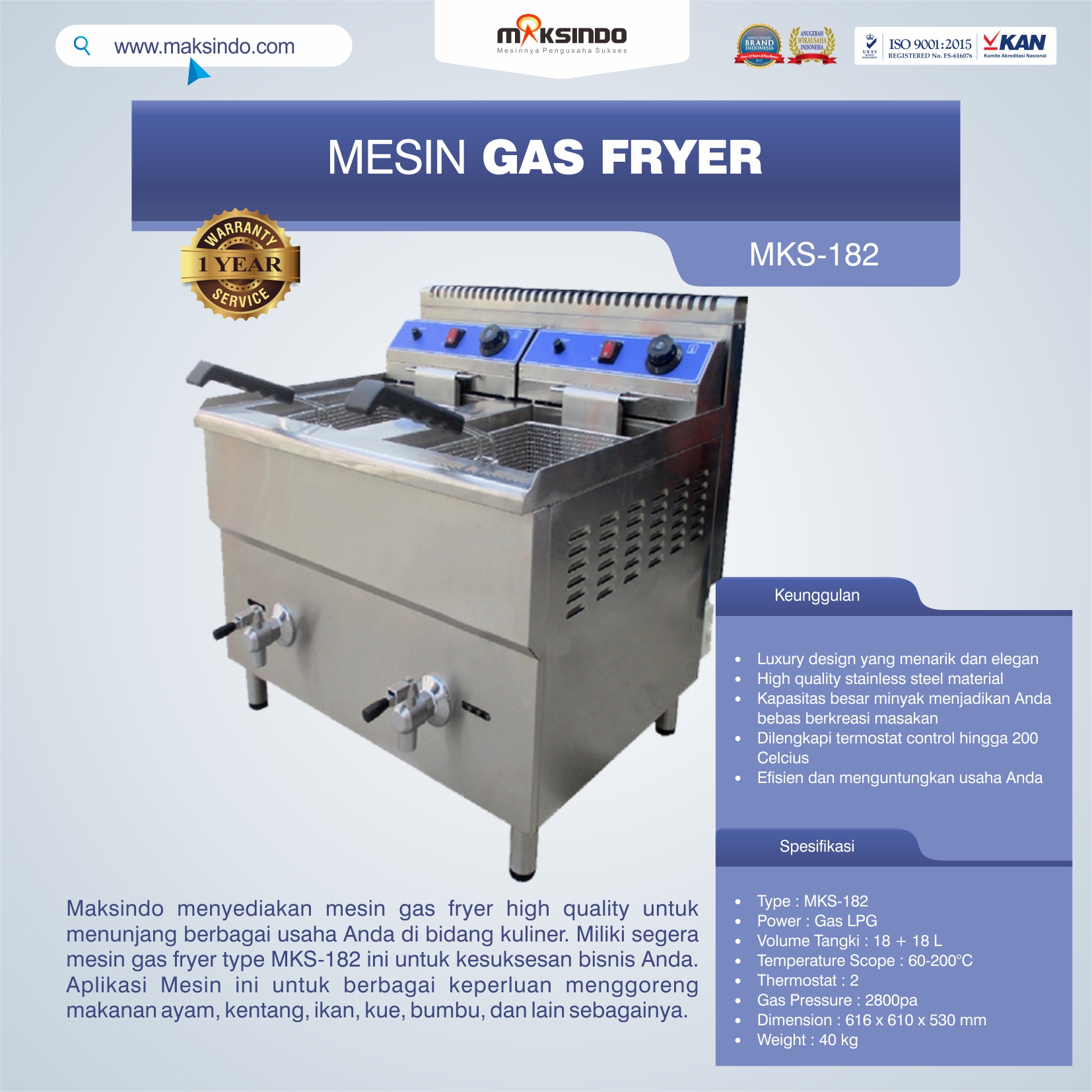 Jual Mesin Gas Fryer 34 Liter (MKS-182) di Blitar