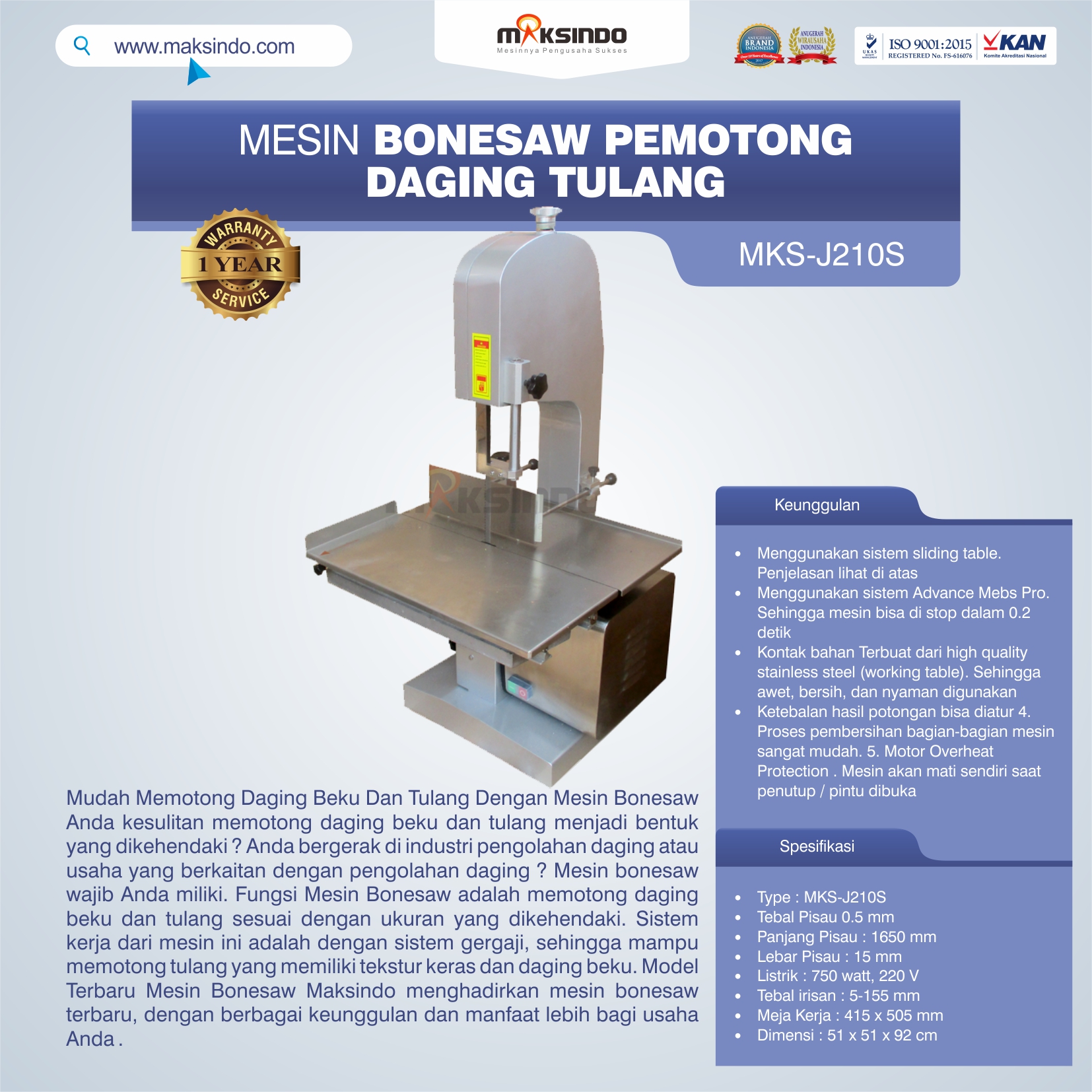 Jual Mesin Bonesaw Pemotong Daging Tulang (MKS-J210S) di Blitar