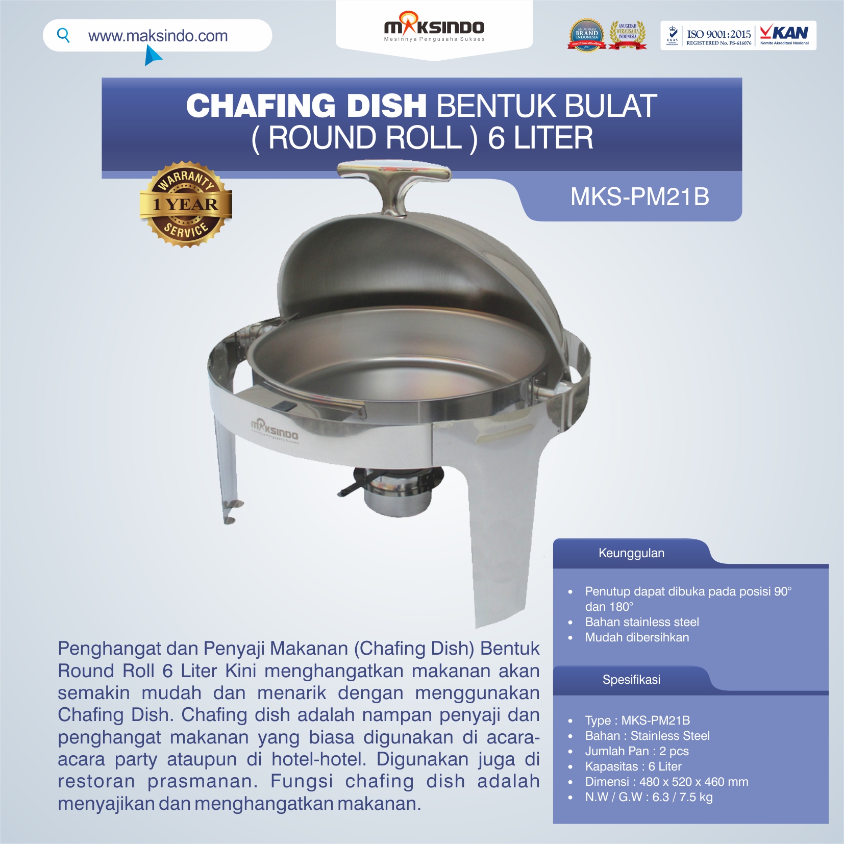 Jual Chafing Dish Bentuk Bulat (Round Roll) 6 Liter di Blitar