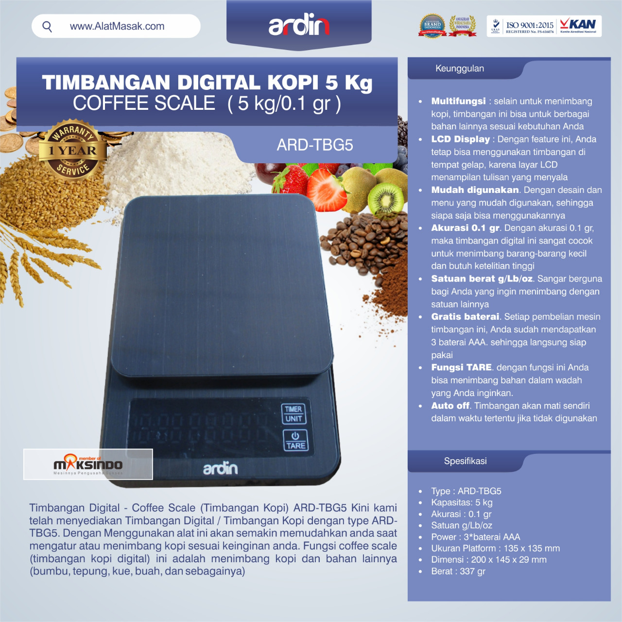Jual Timbangan Digital Kopi 5 kg ARD-TBG5 (coffee scale) di Blitar