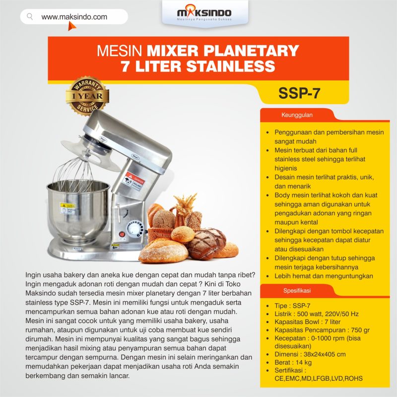 Jual Mesin Mixer Planetary 7 Liter Stainless (SSP-7) di Blitar