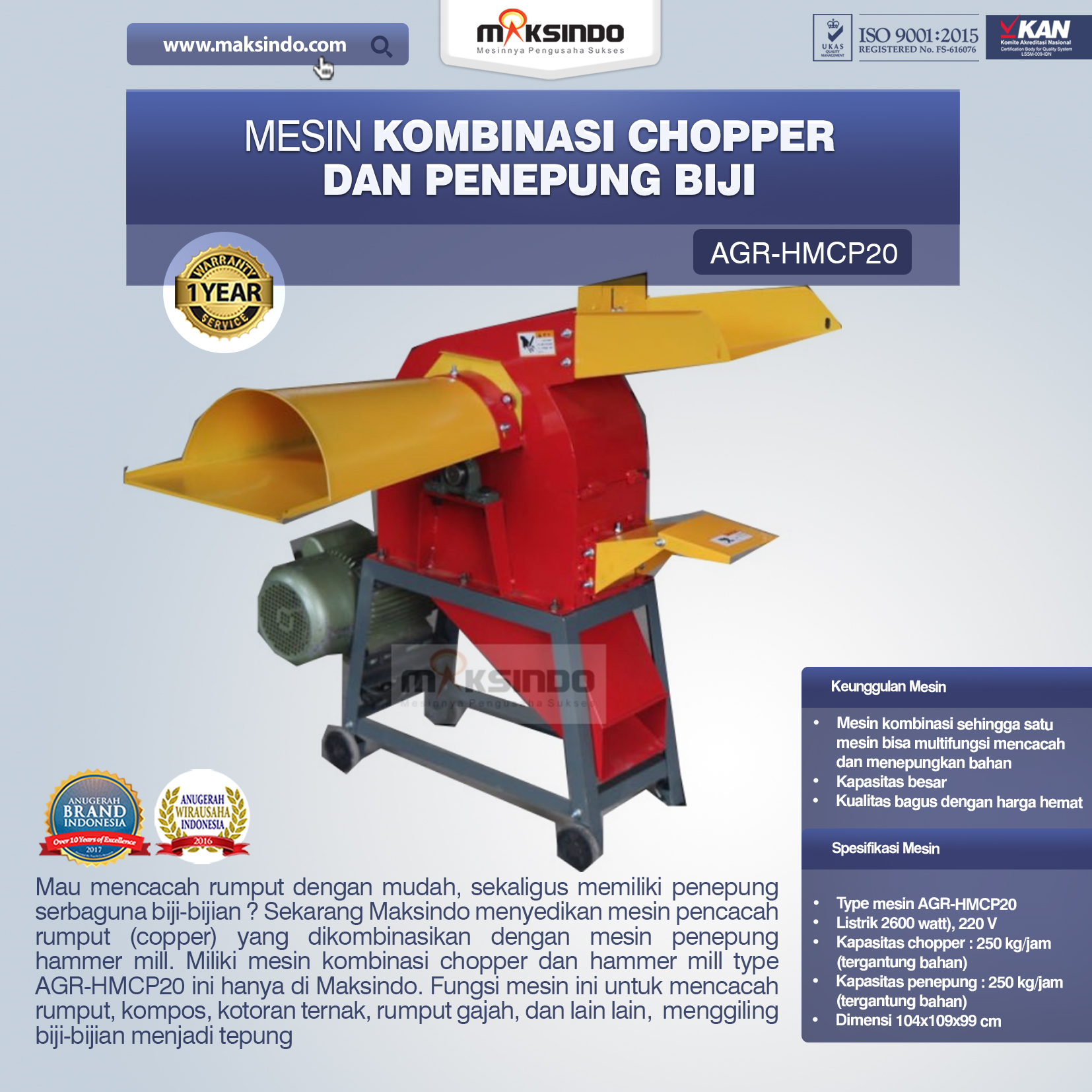 Jual Mesin Kombinasi Chopper dan Penepung Biji (HMCP20) di Blitar