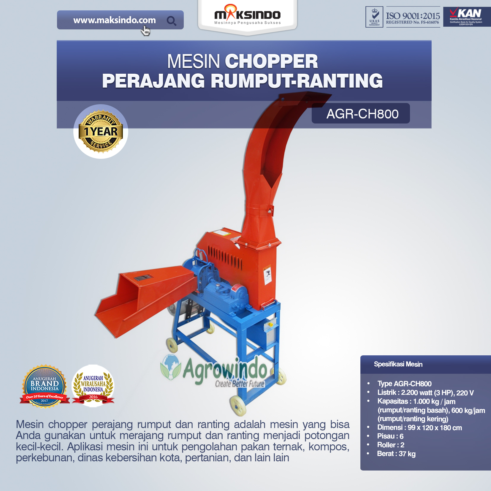 Jual Mesin Chopper Perajang Rumput-Ranting (AGR-CH800) di Blitar