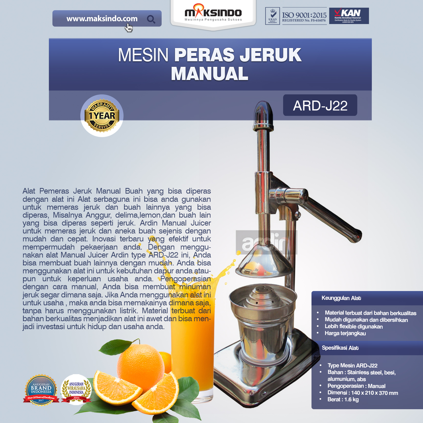 Jual Alat Pemeras Jeruk Manual ARD-J22 di Blitar
