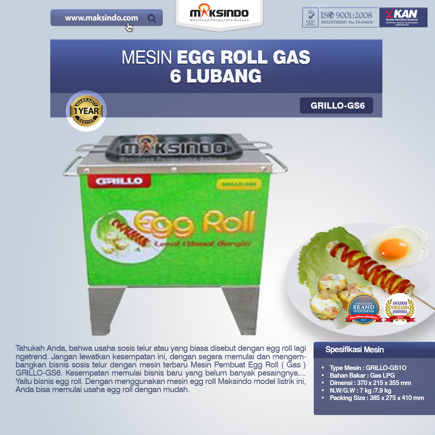 Mesin Egg Roll Gas 6 Lubang GRILLO-GS6
