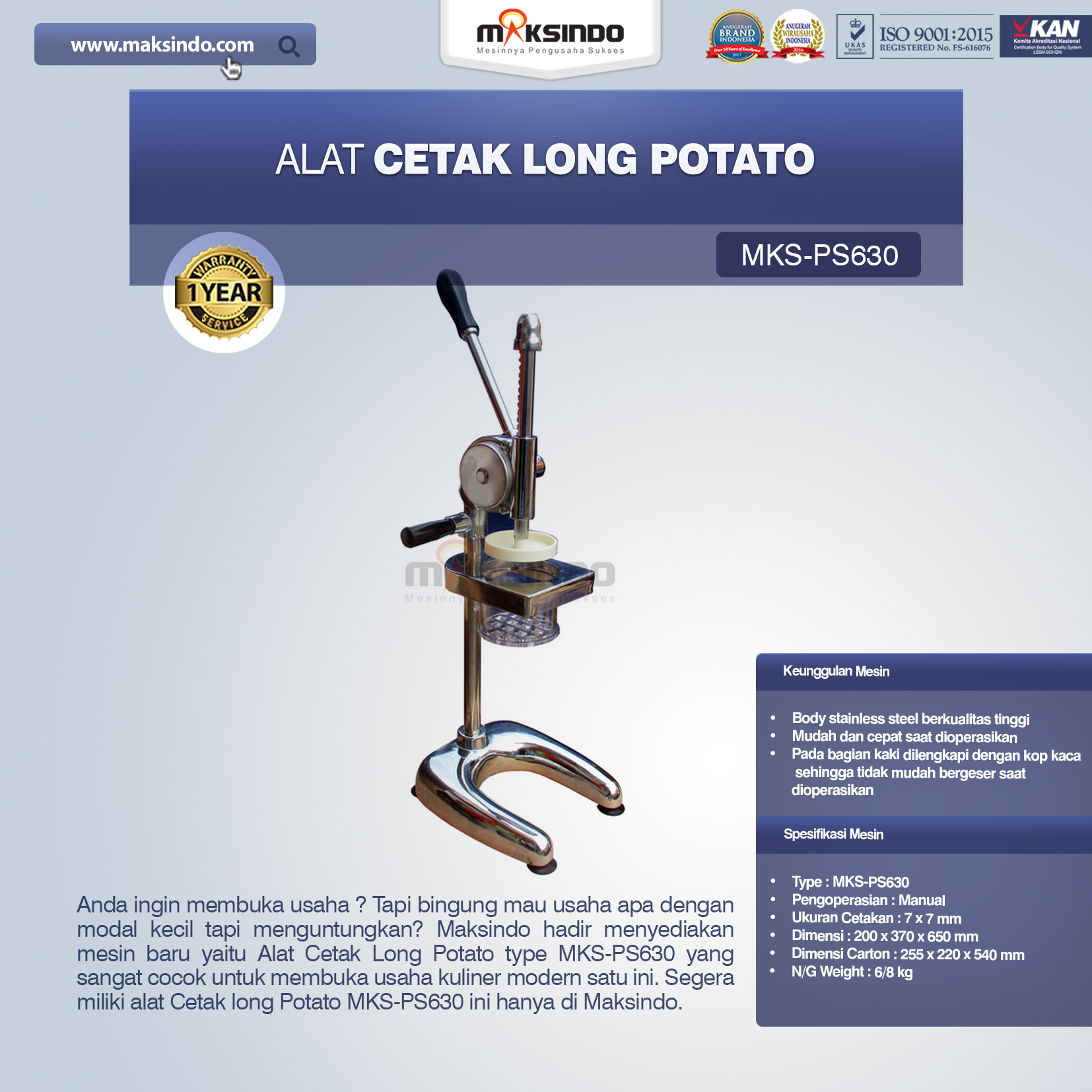 Jual Alat Cetak Long Potato MKS-PS630 di Blitar