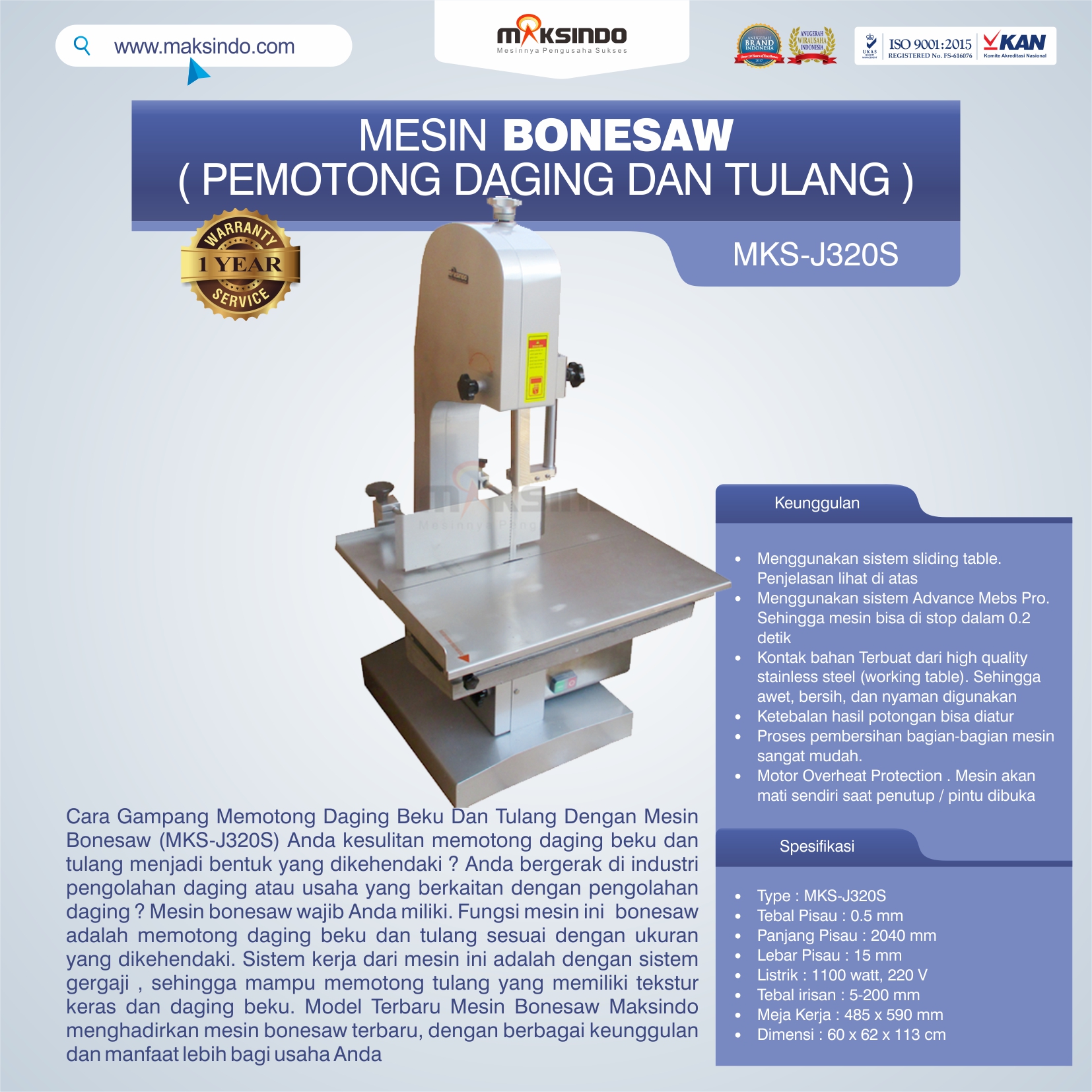 Jual Mesin Bonesaw MKS-J320S (pemotong daging dan tulang) di Blitar
