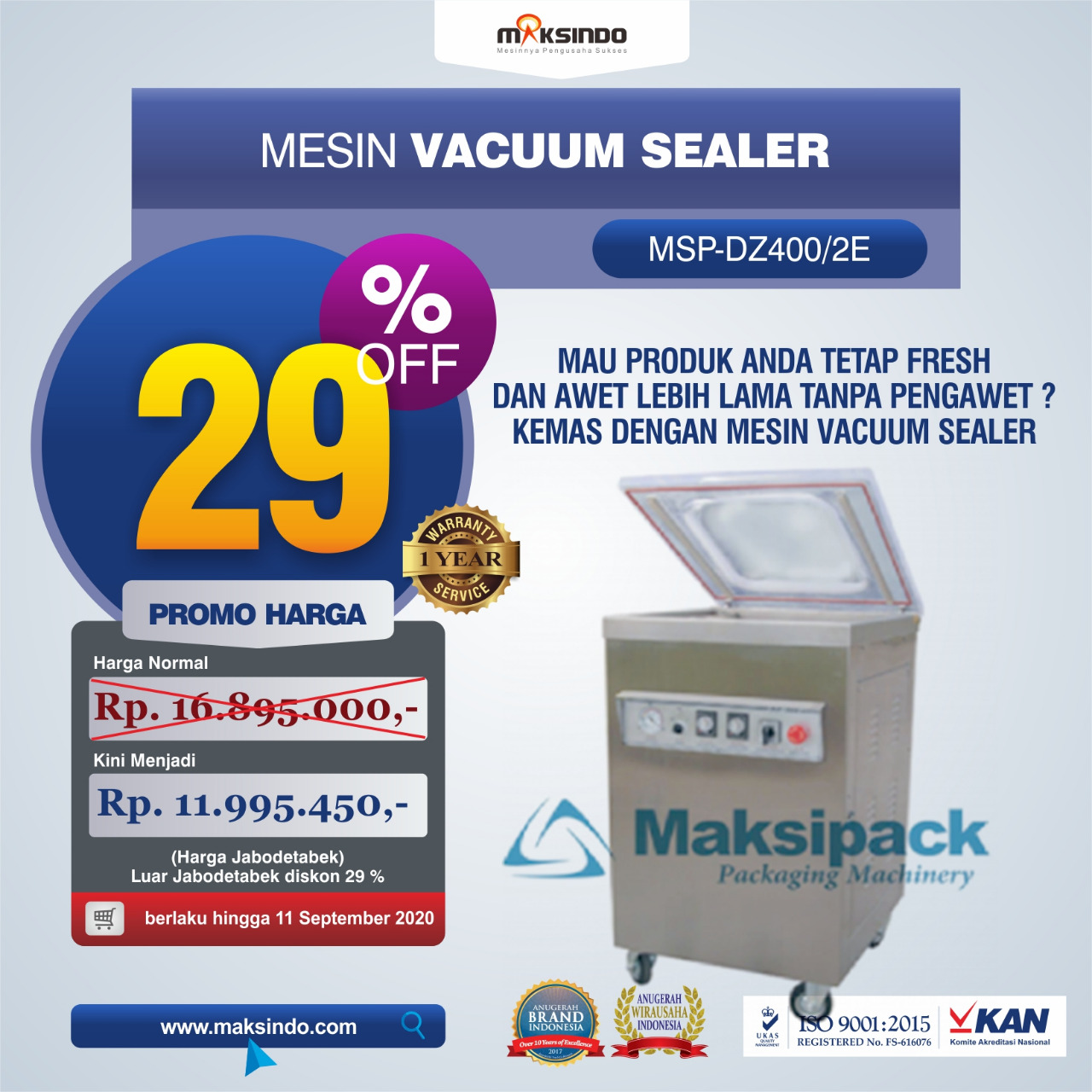 Jual Mesin Vacuum Sealer Type MSP-DZ400/2 E di Blitar